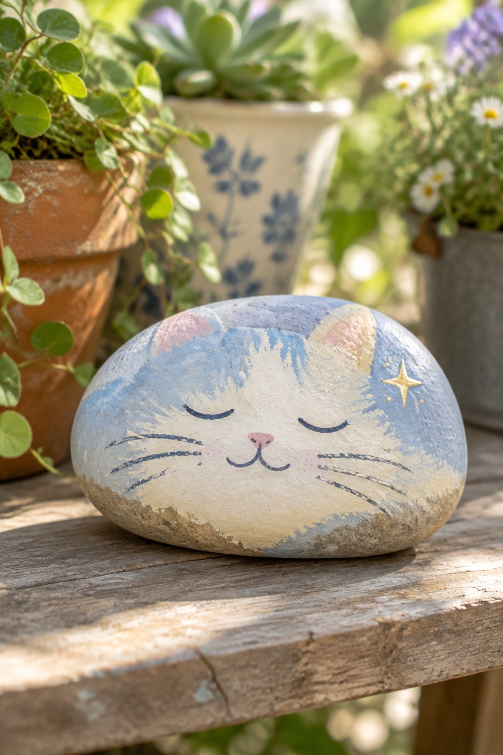 Painted blue cat face on stone with closed eyes and gold star on wooden table
