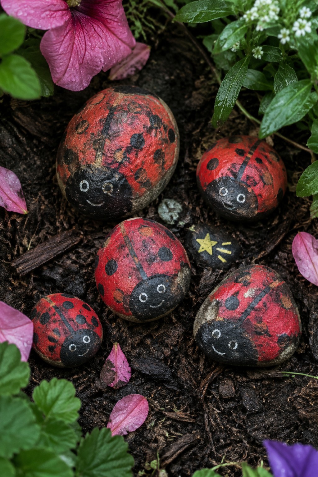 Red ladybug painted rocks with faces on soil amid pink flowers and leaves