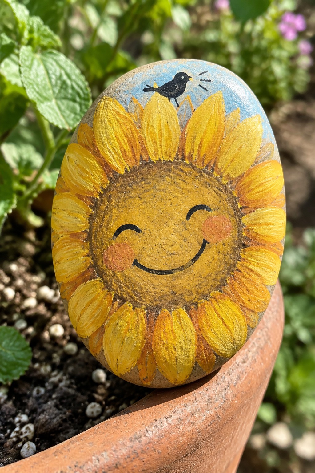 Painted rock with smiling yellow sunflower face and black bird on blue sky