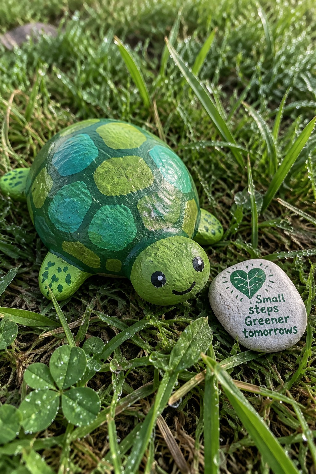 Green turtle figurine beside heart-inscribed stone on dewy grass