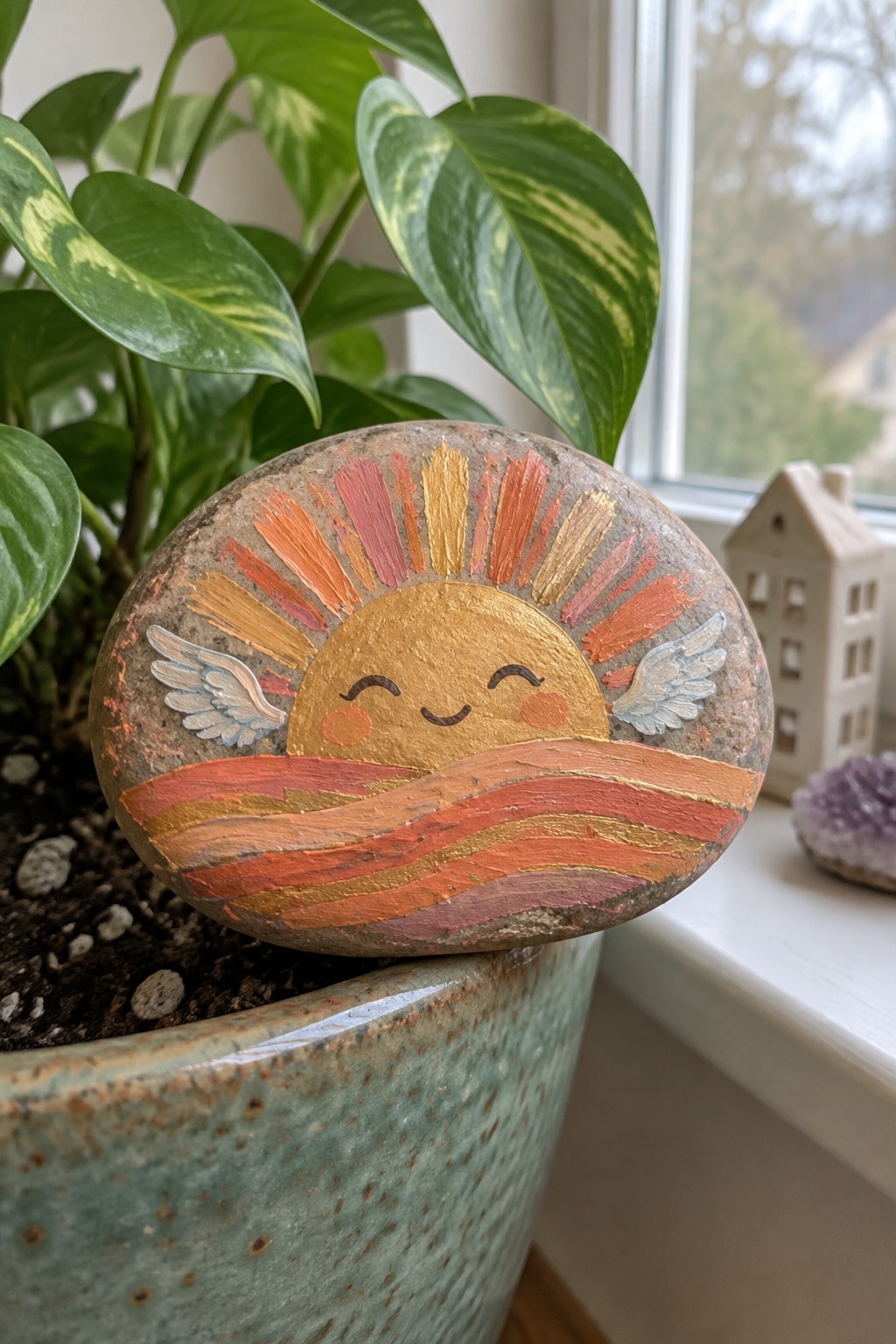 Painted rock with smiling winged sun and colorful rays on a plant pot