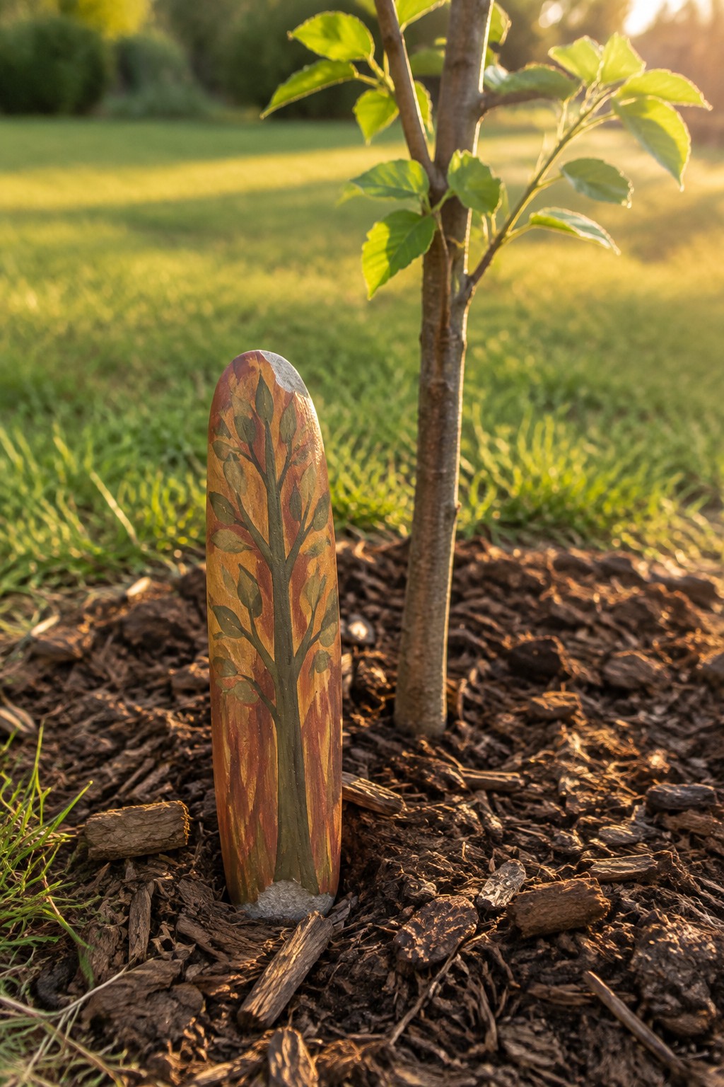 Painted rock with colorful tree design beside young sapling in mulch at sunset