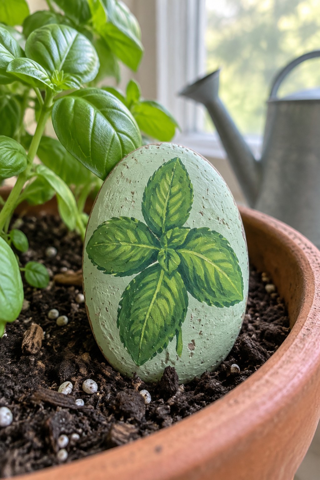 Painted egg with green basil leaves in soil-filled terracotta pot beside plant.