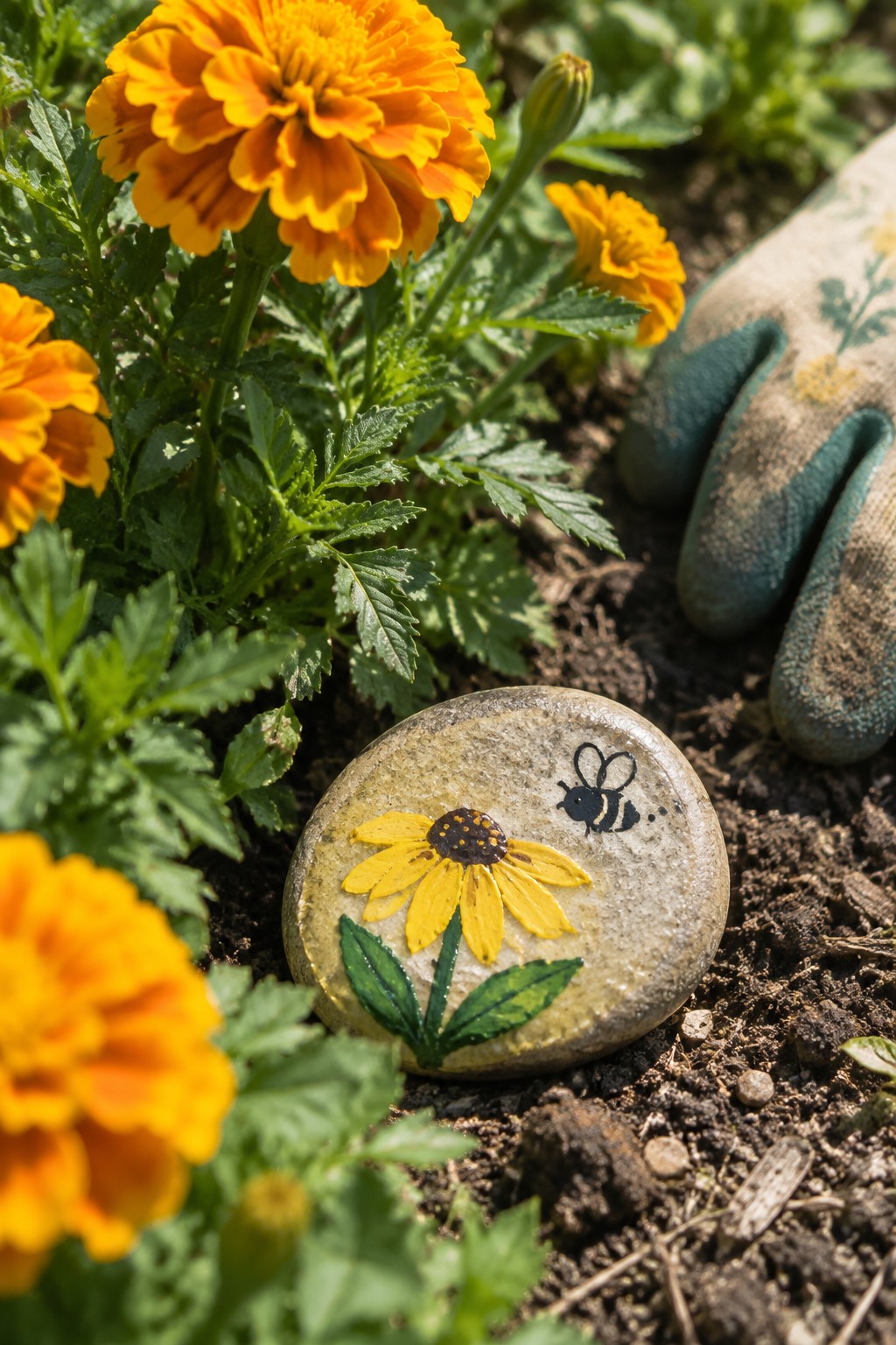 Painted rock with yellow flower and bee beside orange marigolds and gardening glove on soil