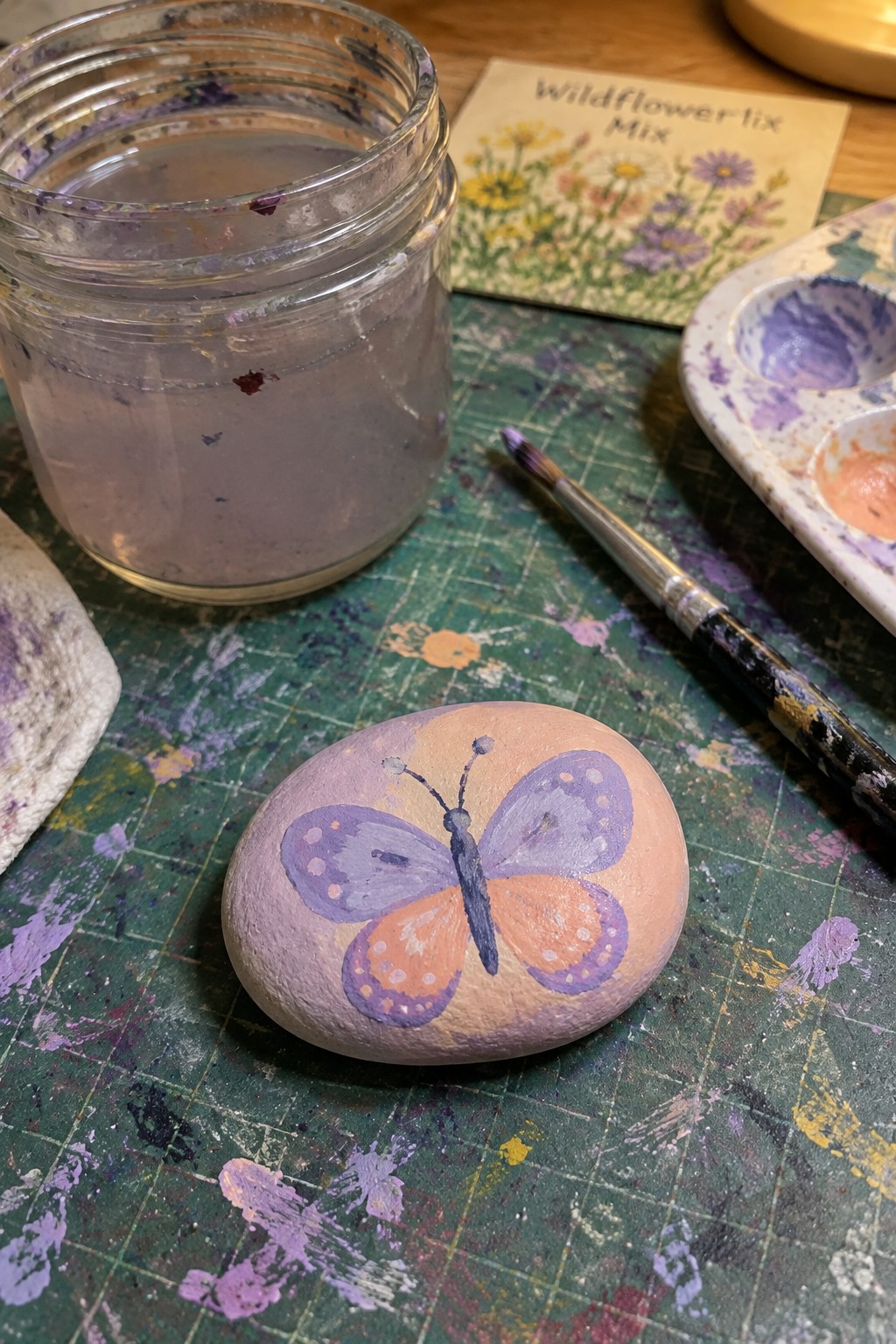 Painted butterfly rock on splattered green mat with paint jar, brush, and palette