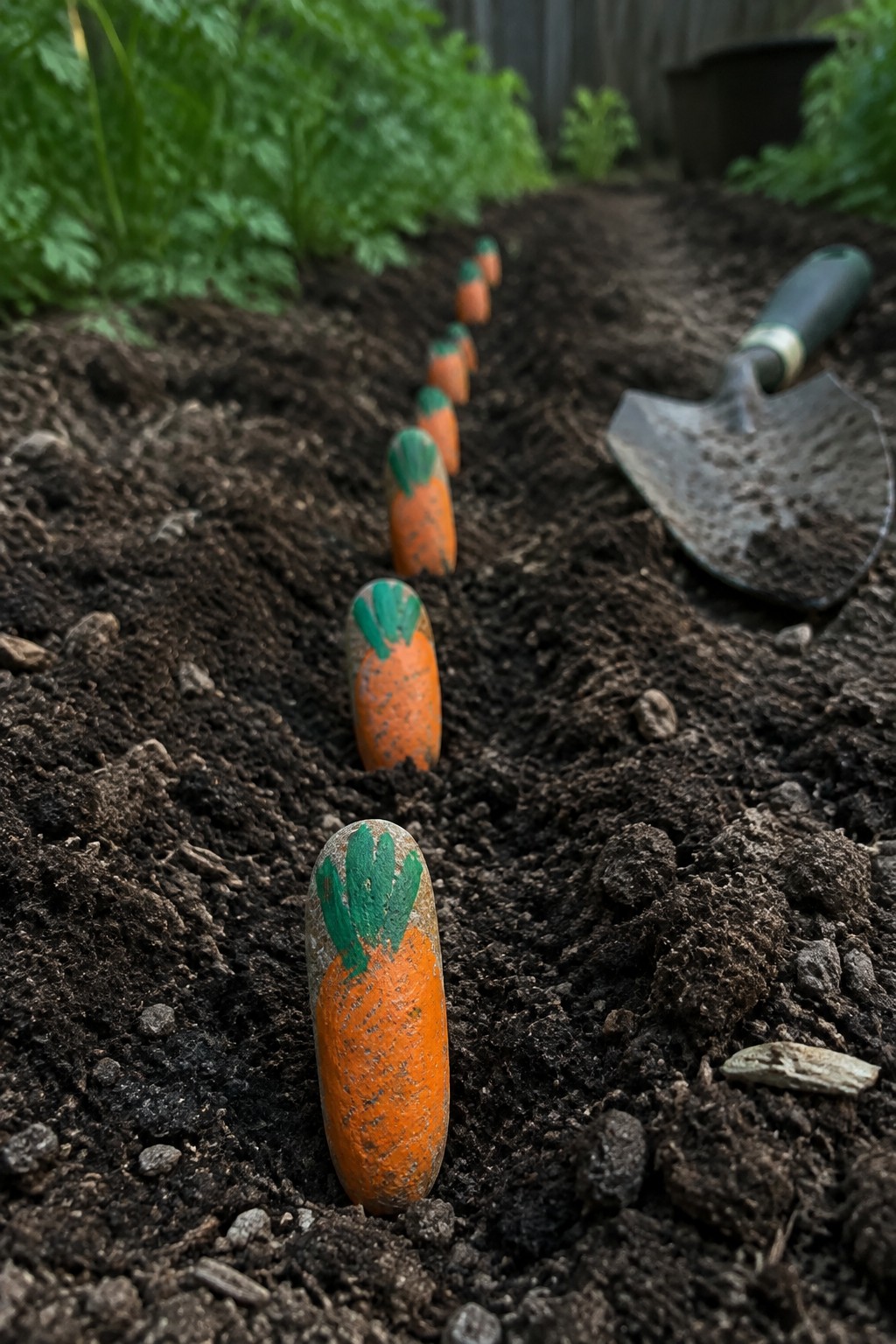 Painted rocks shaped like carrots in garden soil beside a trowel