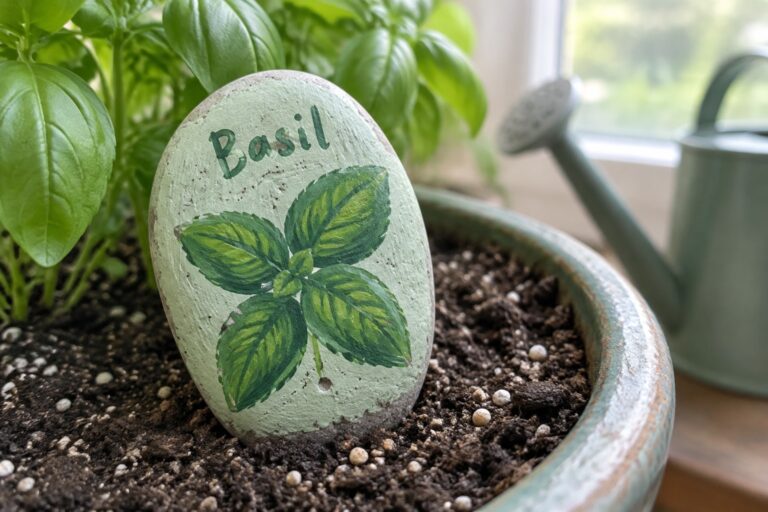 23 Garden Rock Art Ideas Featuring Painted Plant Markers Painted egg with green basil leaves in soil-filled terracotta pot beside plant.