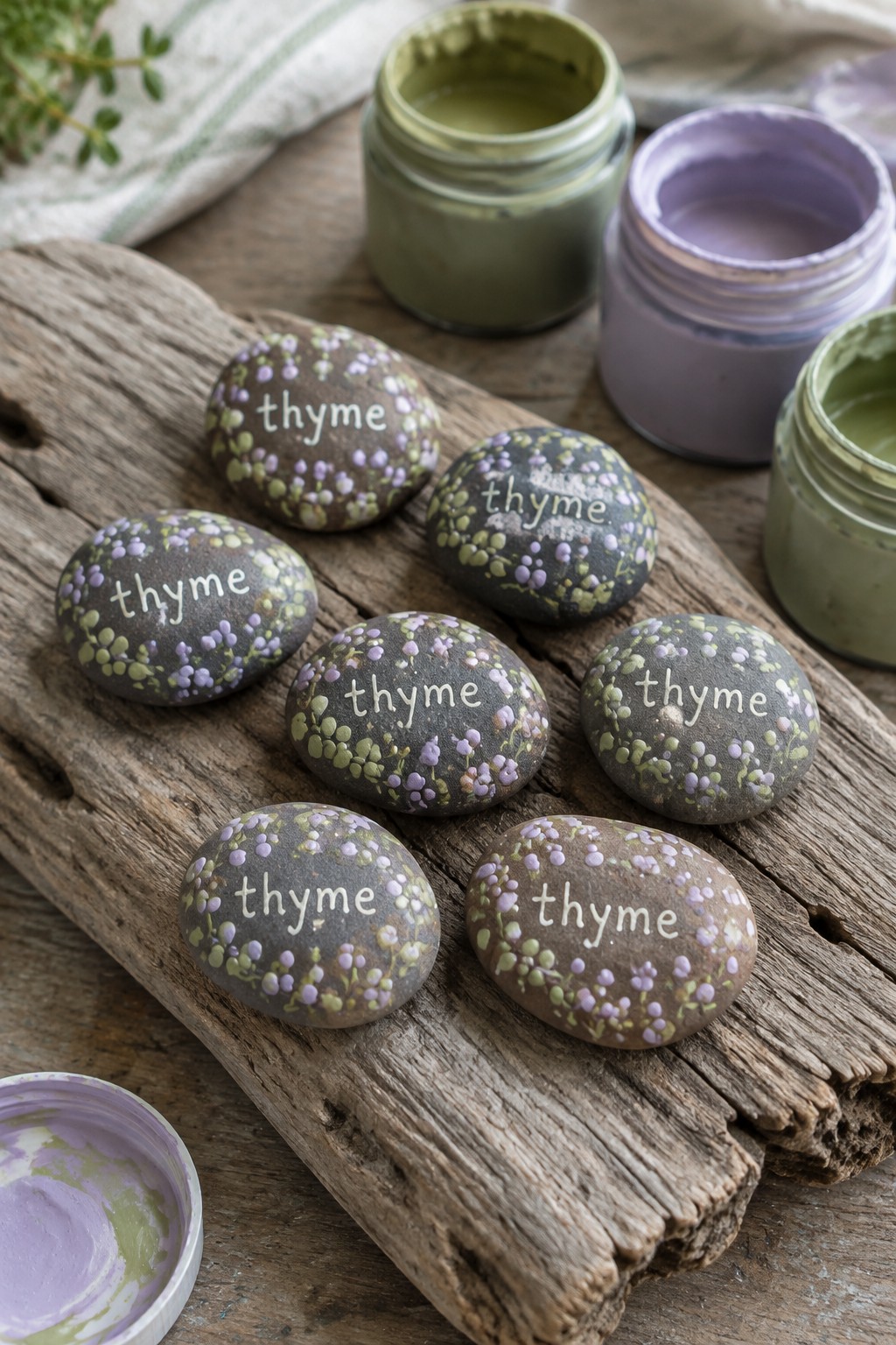Painted thyme stones with purple-green floral dots beside open paint jars on wood.
