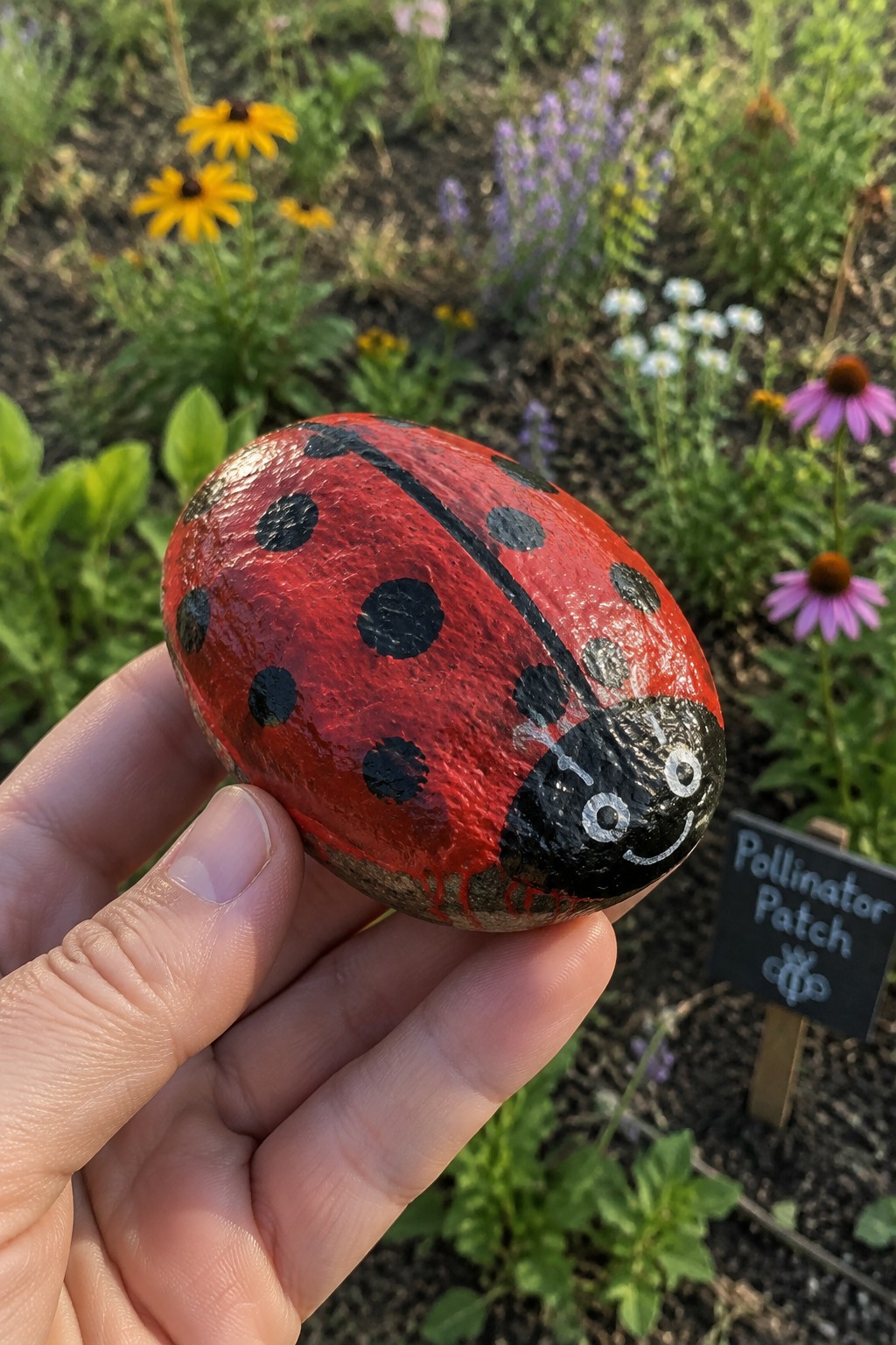 Hand holding glossy red ladybug rock with black spots in flower garden