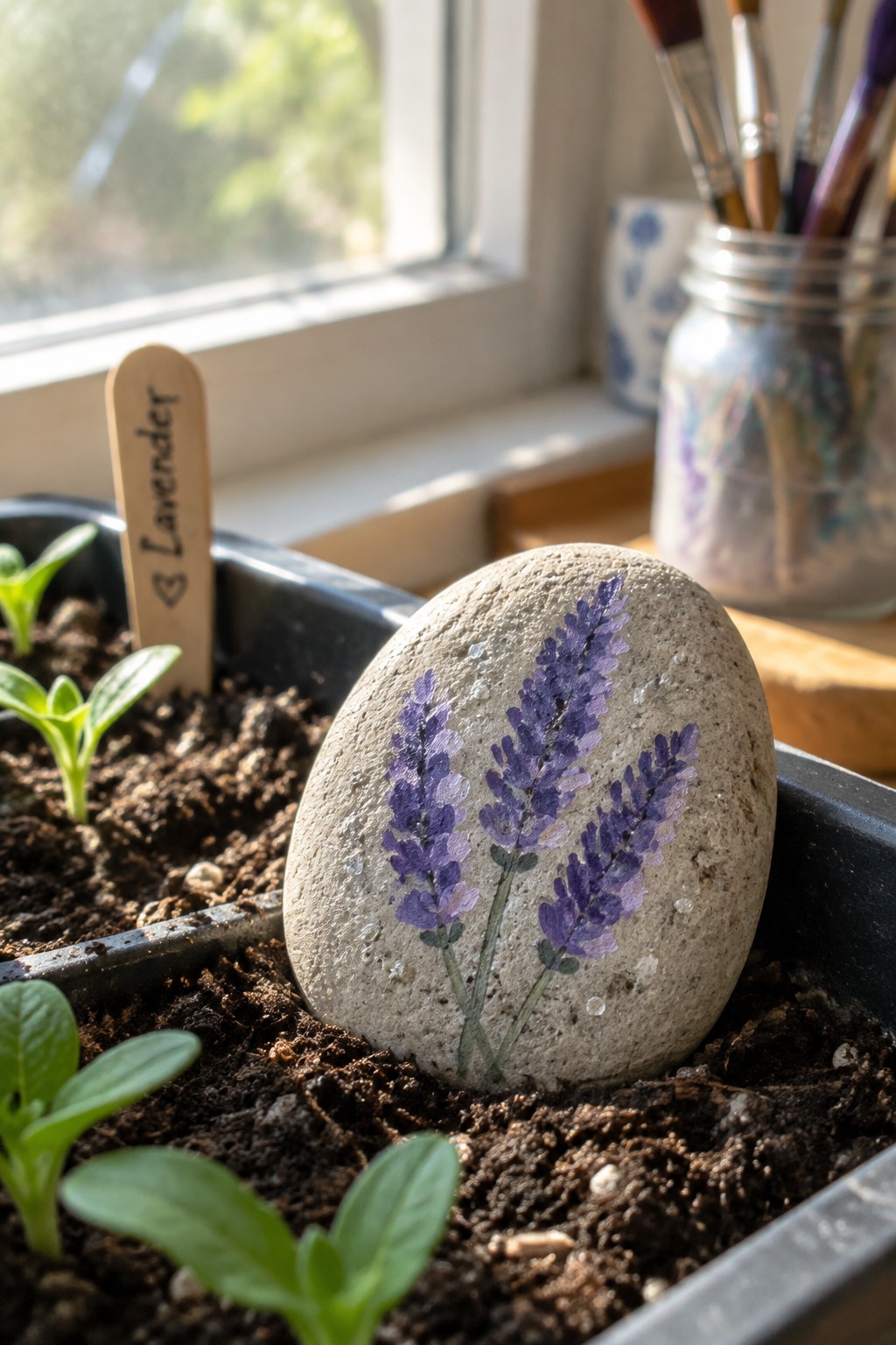 Painted stone with purple lavender in soil beside wooden marker and seedlings