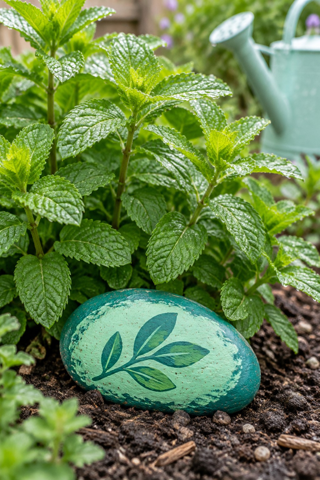 Green painted rock with leaf design among dewy mint plants in garden soil