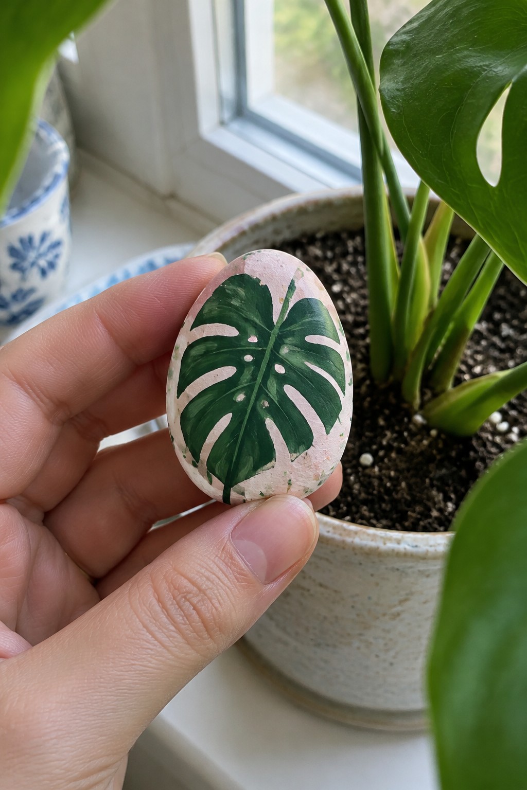Hand holding pink pebble painted with green monstera leaf beside potted plant