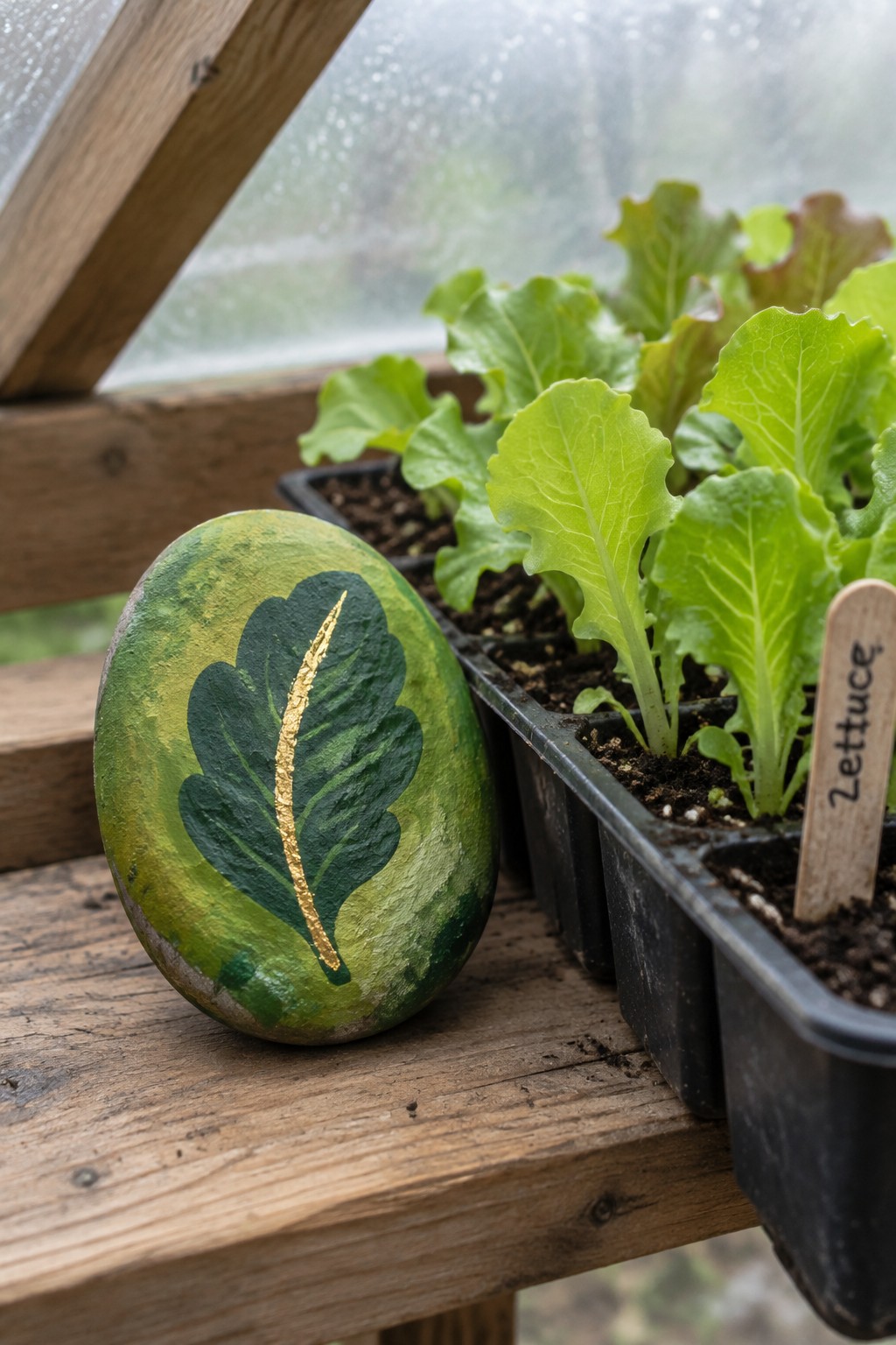 Painted green rock with gold leaf beside lettuce seedlings on wooden greenhouse bench
