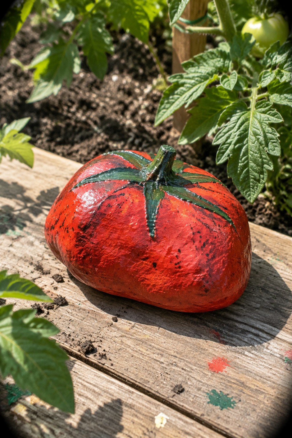 Red painted rock tomato with green stem on wooden garden surface amid plants