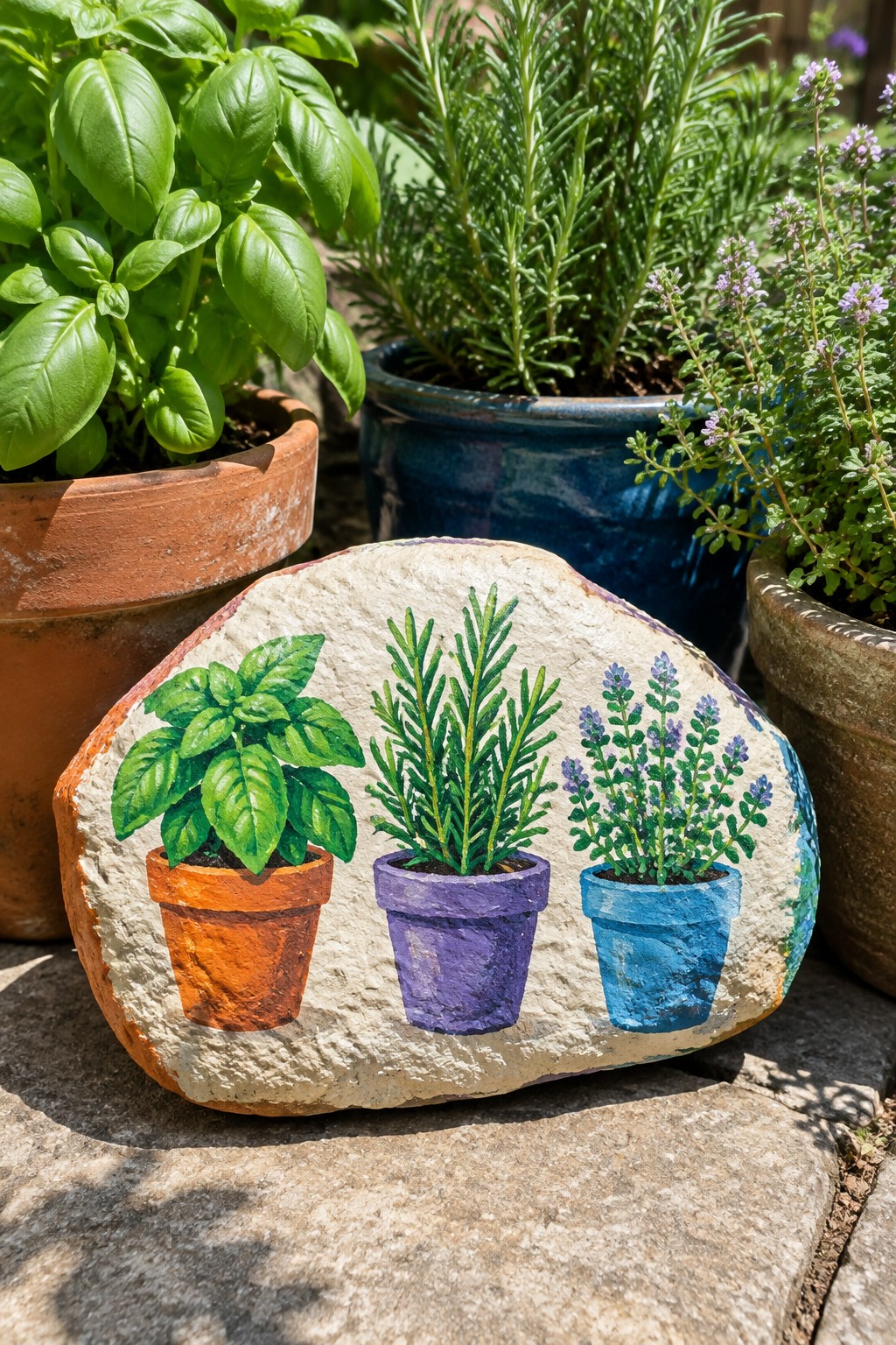 Painted stone with basil, rosemary, and lavender in orange, purple, and blue pots