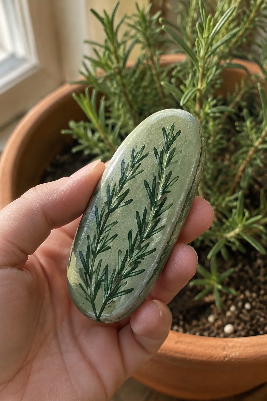 Hand holding light green oval stone painted with dark green rosemary sprigs