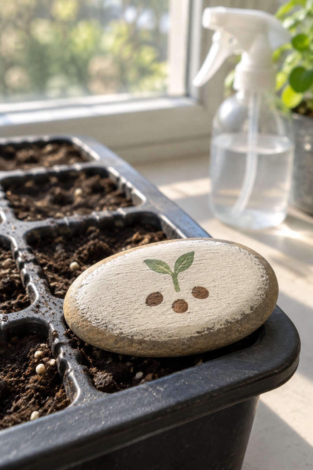 Painted rock with sprout on soil-filled seed tray beside spray bottle on sill