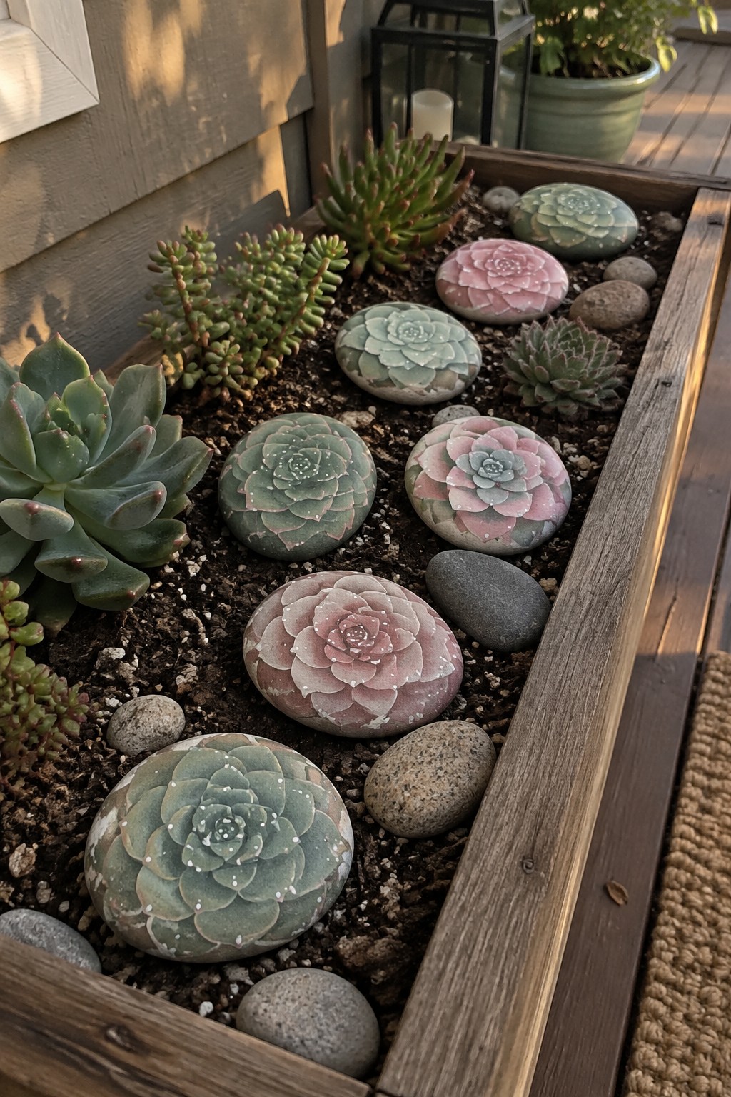Succulents and painted rocks in green and pink fill a wooden planter box.