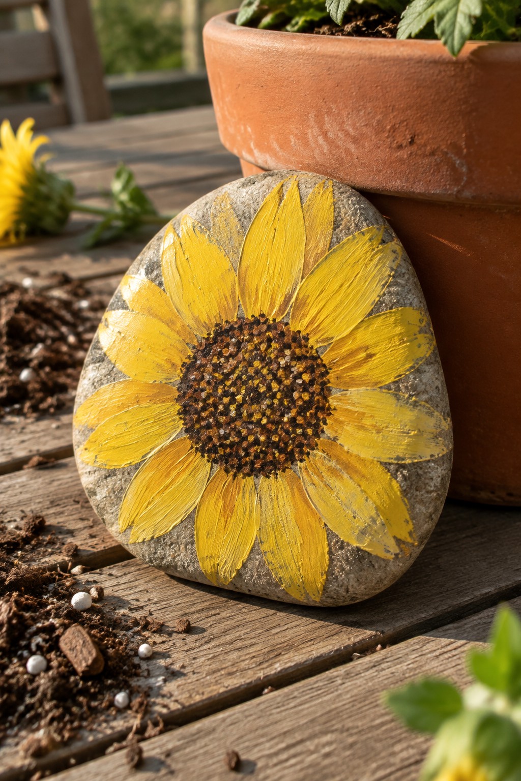 Yellow sunflower painted on stone beside terracotta pot on wooden surface with soil